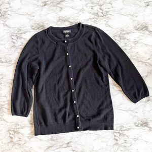Black Cardigan with Open Knit Detailed Neckline & Pearl Buttons